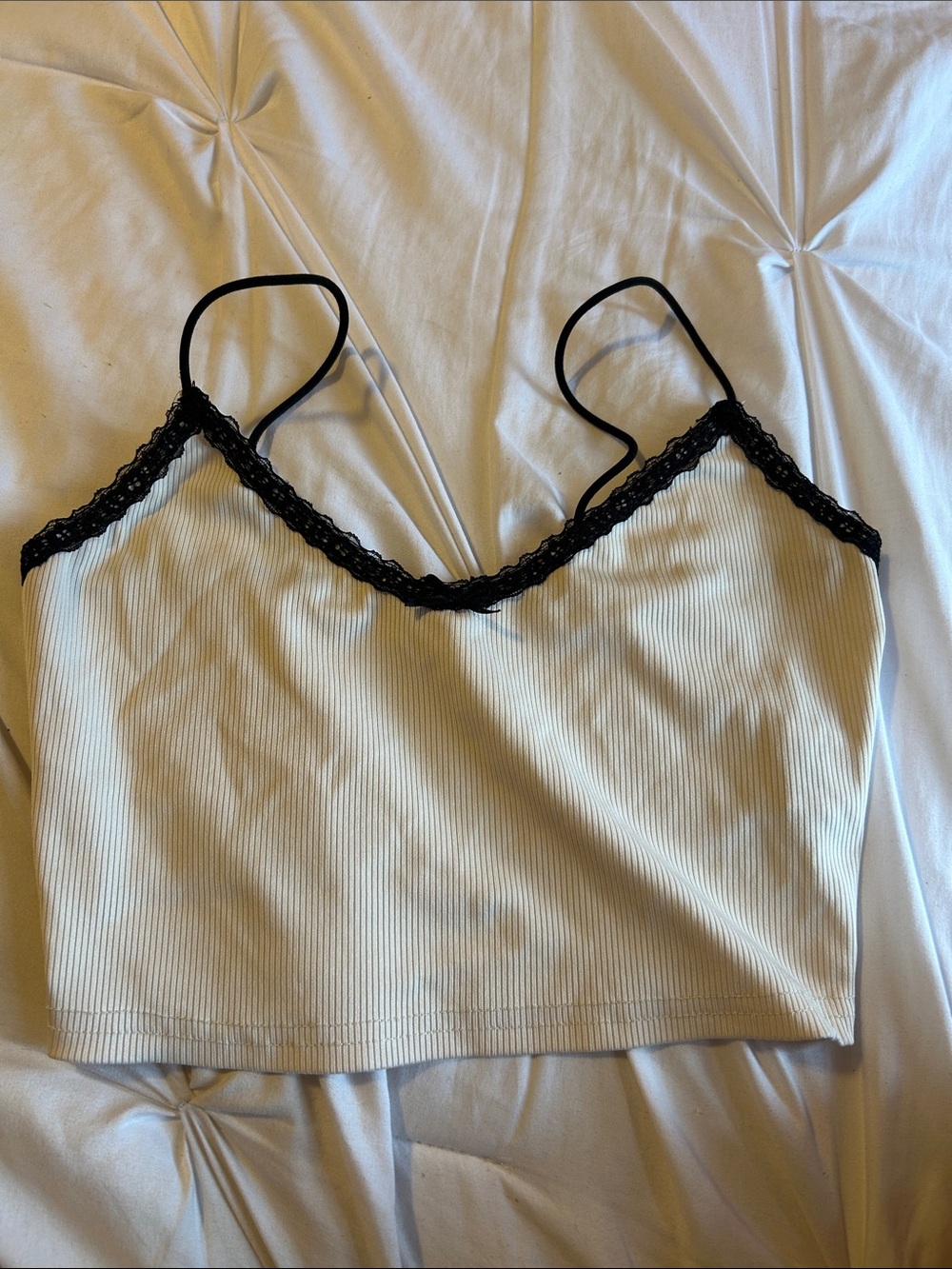Cream Ribbed Lace-Trim Cami Top — Black Trim